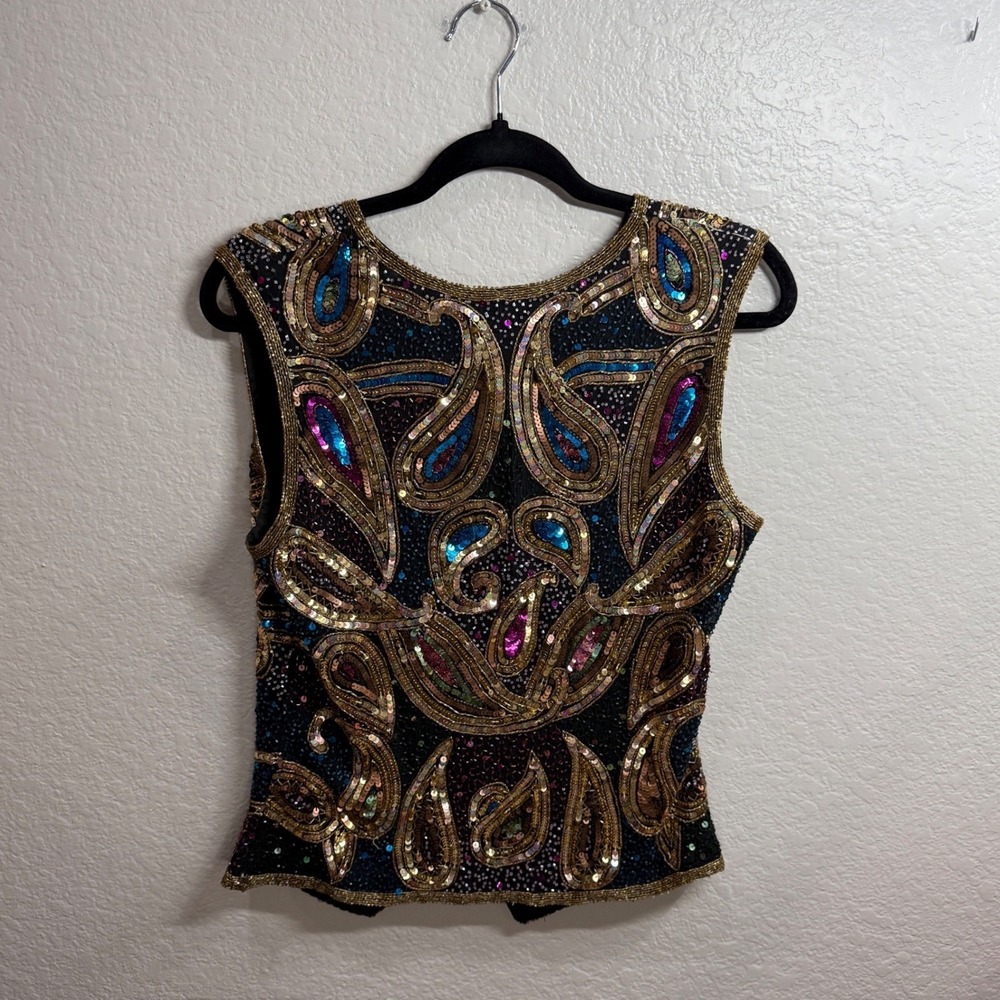 Lawrence Kazars Womens S Beaded Silk Vest Black Gold Paisley Boho Eclectic Artsy - Picture 7 of 11
